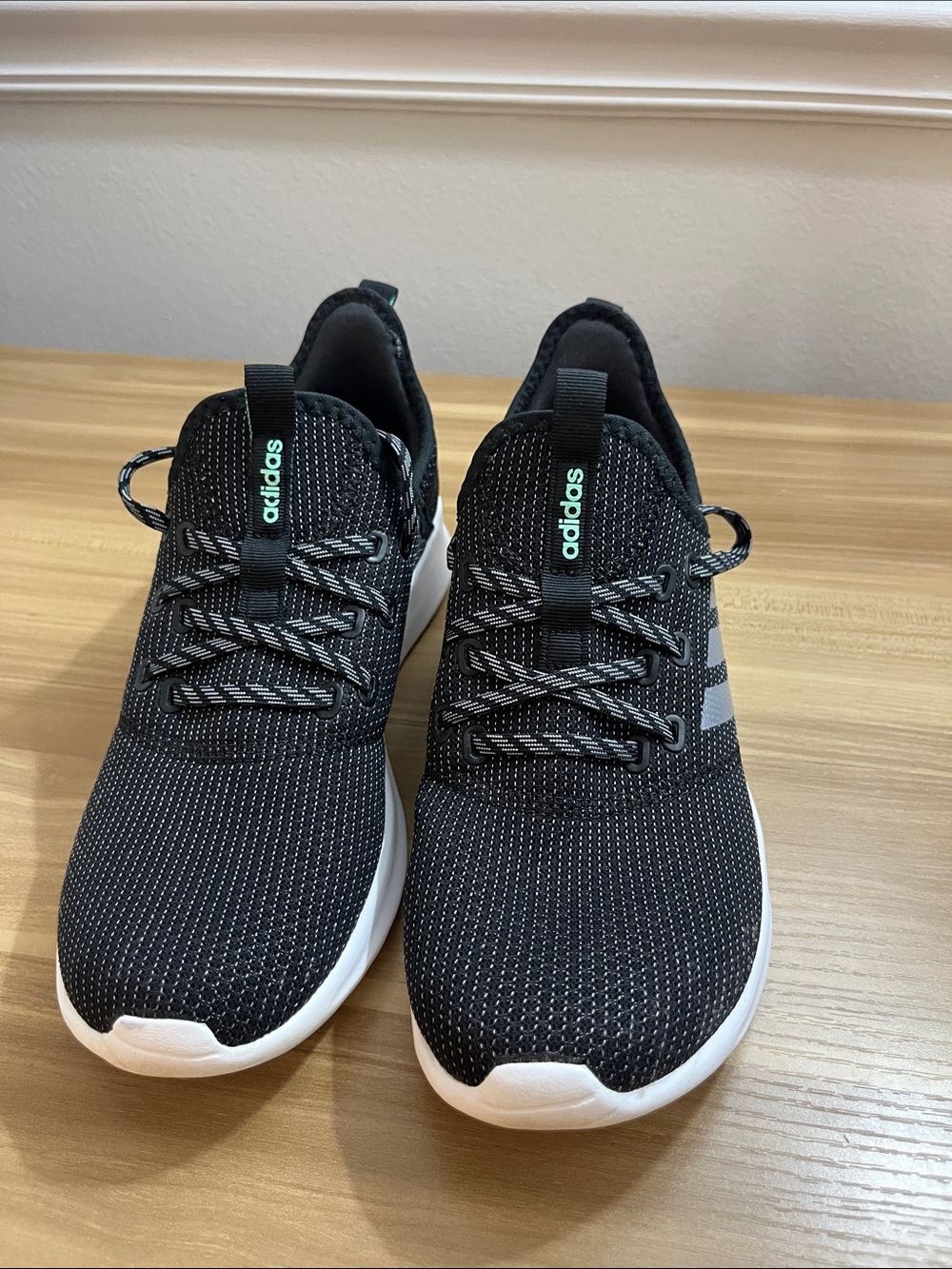 adidas Black Knit Lace-Up Sneakers with White Sole and Mint Logo